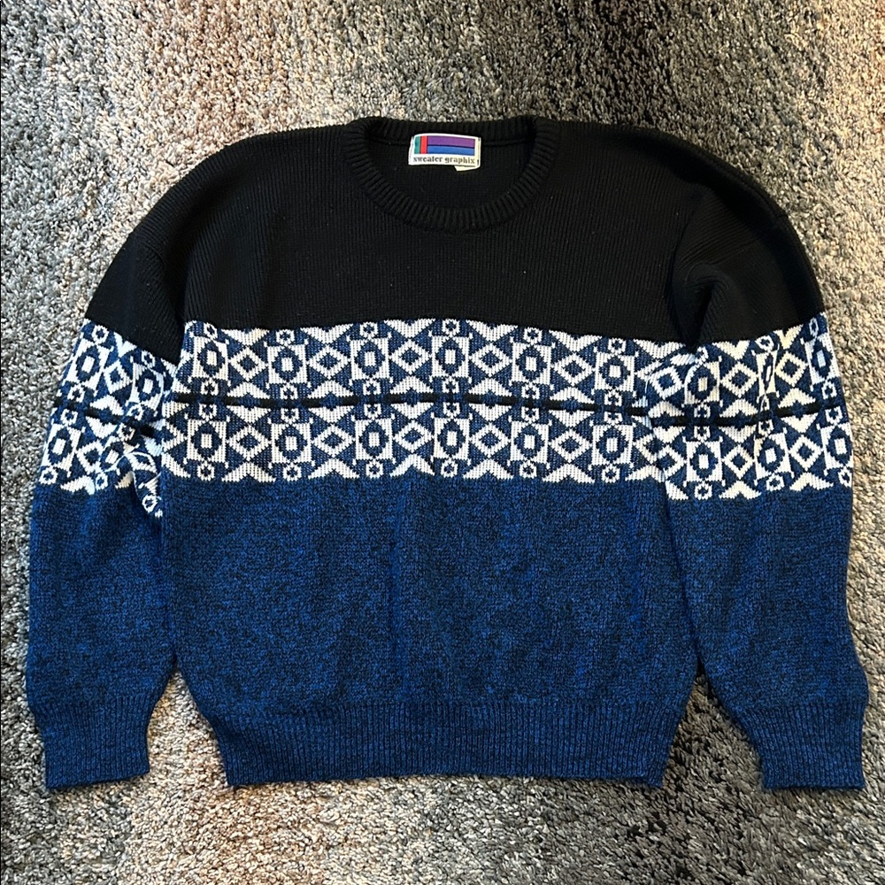 Geometric Patterned Black and Blue Vintage  Crewneck Sweater